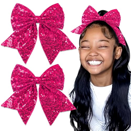STGDAK 7 Cheer Bow Clips Hot Pink Glitter Large Bows Sparkly Sequin Cheerleading Bow For Hair Easter Accessories For Girls Easter Basket Stuffers for Girls Gifts