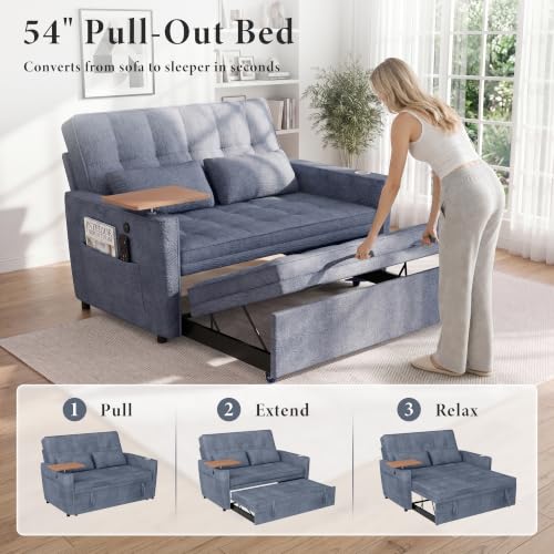 Image of Dreamzie 54'' Convertible Sleeper Sofa Bed with Swivel Side Table, Chenille Pull Out Couch for Living Room, Loveseat Sleeper Couch with Side Pocket | Charging Port | Cup Holder, Blue
