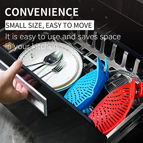 Bemece 2 Pack Clip On Strainer, Pot Strainer For Pasta Spaghetti Fruit Vegetable Meat, Heat Resistant Silicone Strainer, Fit All Size Pot Pans, Blue + Red #TOP1