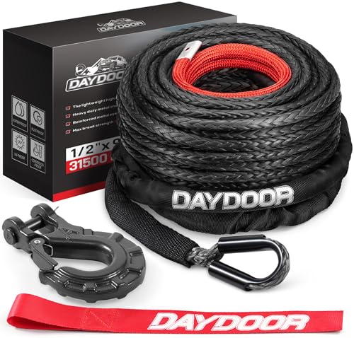 DAYDOOR Cuerda de cabrestante sintética de 1/2 pulgadas x 90 pies, kit de cable de cabrestante de 32 libras, repuesto de línea de cabrestante con funda protectora y gancho forjado resistente para