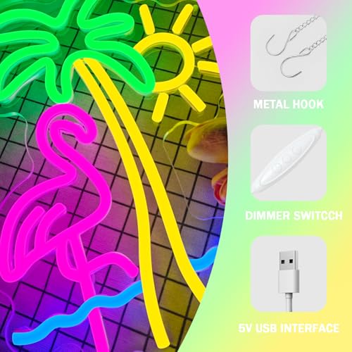 Image of Flamingo Sun Palm Tree Neon Sign for Wall Decor Flamingo Led Neon Lights Sun Wave Neon Signs Dimmable for for Bedroom Living Room Man Cave Bar Club