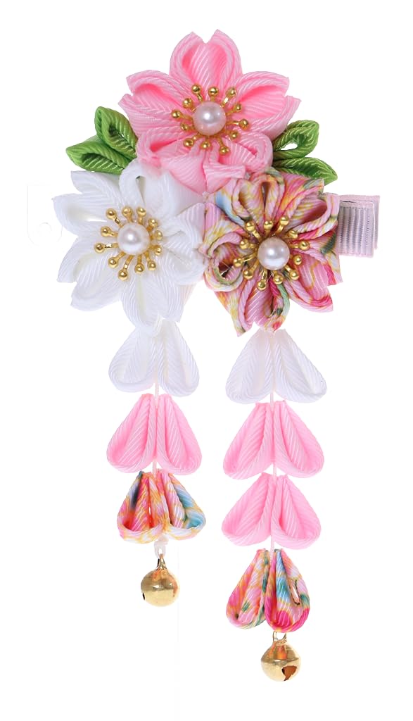 Kawaii-Story C-115-3 Rosa Blanco Hecho a Mano Sakura Flor de Cerezo Tela Flores Borlas Clip de Pelo Pinza Japón Geisha Kimono Accesorio