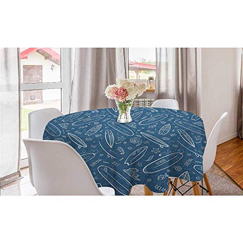 Blue Waters Oceanic Elements Waves Swirls Doodle White Outlines Hobby Fun Times Wrinkle Free Tablecloths Surfboard kids picnic table patio Round tablecloth Blue White diameter 70" inch