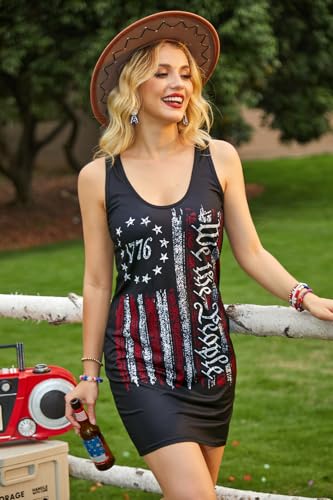 Image of For G and PL Women 4th of July American Flag Tank Dress Deep V Neck Stars Stripe Mini Patriotic Sleeveless Sundress