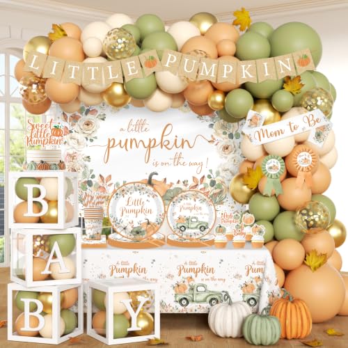 255pcs Little Pumpkin Baby Shower Decorations for Girl Rustic Fall Autumn A Little Pumpkin is On the Way Baby Shower Party Supplies Plates Boxes Balloon Arch for Fall Thanksgiving Autumn Party