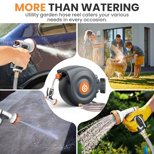 Retractable Garden Hose Reel 100ft, 1/2" Reinforced Leak-proof Water Hose With 10-Pattern Nozzle, Slow Rewinding, UV Resistant, Durable Brass Fittings, 3-Layer PVC, 180 Swivel Bracket