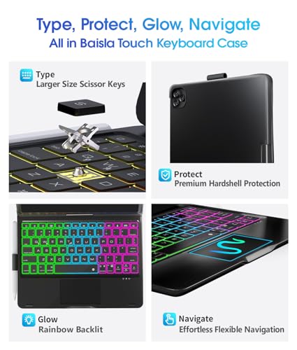 Image of Baisla iPad 10th Generation Case with Keyboard 10.9 inch & iPad 11th (A16) & iPad Air 11 (M4 /M3 /M2), Multi Trackpad, 360 Swivel & Rainbow Backlit for iPad Air 5th /4th,iPad Pro 11 4th /3rd /2nd /1st - Black