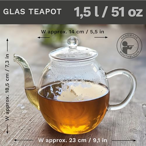 Creano Glass Teapot 1500ml - Stovetop Safe Tea Kettle with Stainless Steel Infuser and Glass Lid - Ideal for Preparing Loose Teas - Drip Free