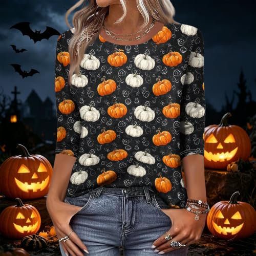 Image of Women Spooky Halloween Graphic Shirt 3 /4 Length Sleeve Crewneck Top | Halloween Funny Printed Pumpkin Plus Size Tshirts 2026 Fall Outfits Skeleton Tee Going Out Tops
