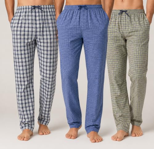Image of DIGITAL SHOPEE Men's Cotton Checkered Pajama Bottoms, Multicolor Plaid Lounge Pants, Pack of 3