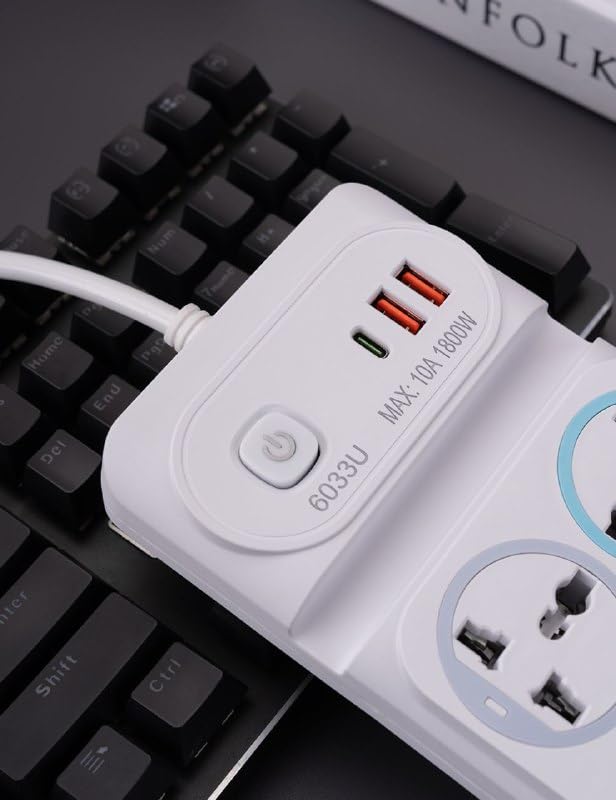 Image of Power Strip with 6 Universal Sockets with Child Security + 2 USB Ports + 1 Type-C Port, High Temperature Fuse Protector, 1800W with 2 Meter Cable(2 USB 6 Plug New White)