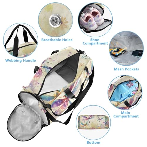 YETTASBIN Sport Travel Duffel Bag for Girls Boys, Dragonfly Large Waterproof Weekender Overnight Bag, Detachable Shoulder Strap Gym Bag with Shoe Compartment & Wet Pocket4