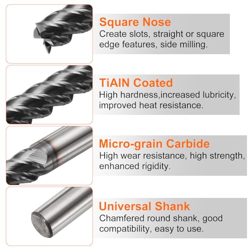 Image of HARFINGTON Carbide Square Nose End Mill Bit 5 /32 inch Cut Dia 4 Flutes TiAlN Coated Milling Cutter for Hardened Steel Metal (5 /32 inch Shank 5 /8 inch Cut Length 2-3 /8 inch Long 30 Degree HRC53-55)
