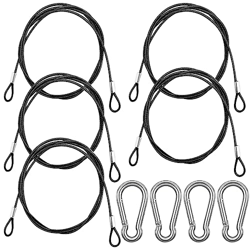 5 Stück 100 cm Edelstahl-Haltegurte mit 4 Stück Feder-Karabinerhaken-Clips, Stahldrahtseil mit Schlaufen Vinyl-Abdeckung beschichtetes kurzes Seil Schlüsselband Schloss Halteketten, Schwarz