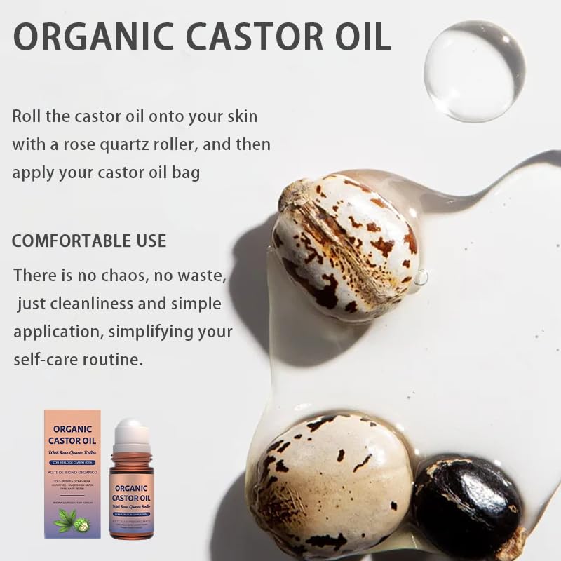 organic castor oil with rose quartz roller, cold-pressed pure organic castor oil roller ball for hair growth, eyelashes, eyebrows & skin (1.7 fl.oz)