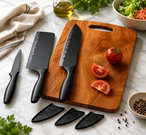 Image of 3 Knife Set with Wooden Chopping Board (4-Pcs) | Stainless Steel Kitchen Knife with Blade Cover and Eco-Friendly Cutting Board Multipurpose for Cut Vegetable, Fruit & Meat | Kitchen Knives Wood Board