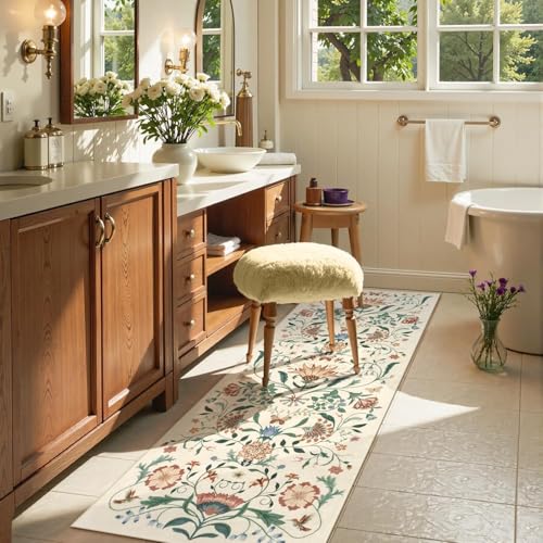 Image of Rugcomf Runner Rug for Hallways Kitchen Rug Non Slip 22 * 45 cm Washable Rugs with Rubber Backing Soft Floral Carpet Runner for Hallways, Kitchen, Laundry, Bedroom, Bathroom(Beige)