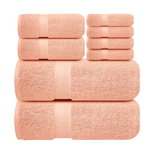 Image of Sulfar 100% Combed Cotton, 8 Pcs Towel Set - 2 Bath Towels (70 x 140 cm), 2 Hand Towels (40 x 70 cm) and 4 Face Towel (30 x 30 cm) (600 GSM, Pack of 8) Tender Peach