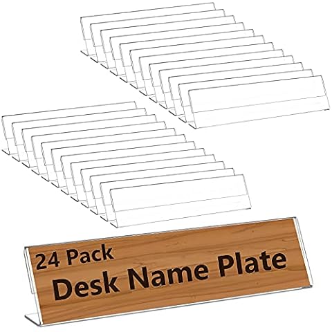 Yalikop 24 Pieces Acrylic Name Plates for Desks, 2 x 8 Inches Clear Slant Back Sign Holder Stand for Table Display, License Name Label Holder Table Tents Frame for Office, Classroom Cover