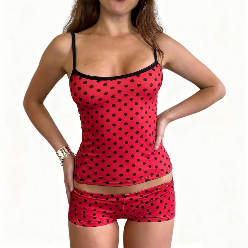 Image of Womens Y2K Cute Print Cami Pajama Sets Lace Trim V Neck Tank Top Shorts Set Bow Heart Print 2 Piece Sleepwear