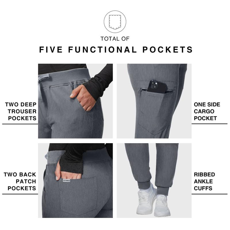 Image of Kitmaz Scrub Pants for Women - Mid Rise 4-Way Stretch Anti-Wrinkle Slim Fit Jogger Pants, Drawstring & 5 Pockets