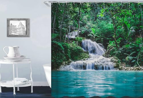 Musihy Rideau de Douche Anti Moisissure, 90x180cm Polyester Blanc Vert Motif Cascade et Arbres Rideau de Douche pour décor Salle de Bains