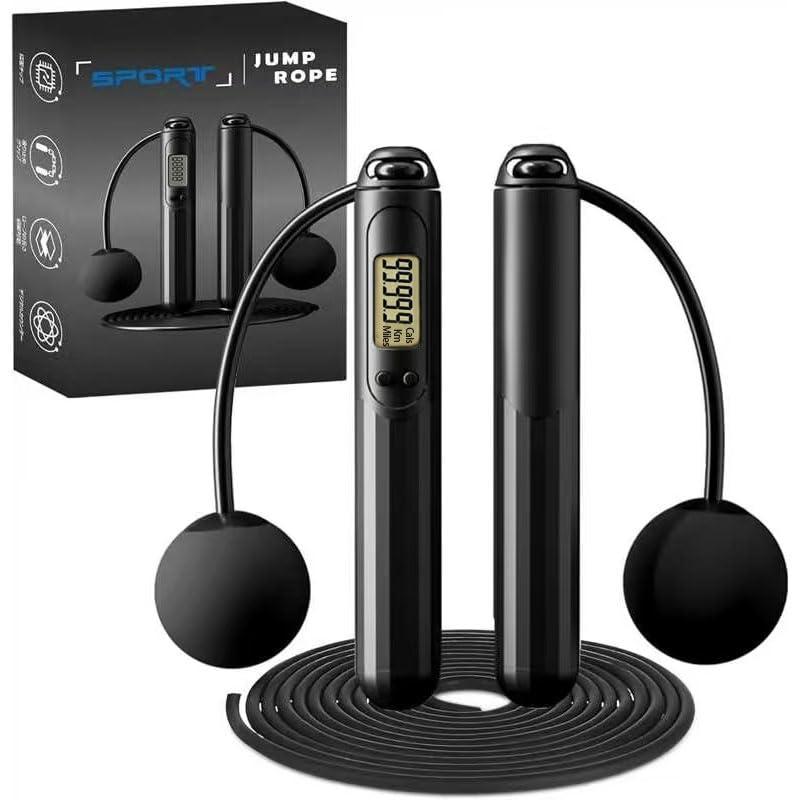 Jump Rope with Counter 2-in-1 Weighted Corded & Cordless Skipping Rope with LCD Display, Adjustable Length and Steel Ball Bearings for Calorie/Count Tracking. For Adult Fitness Home Gym Workouts.