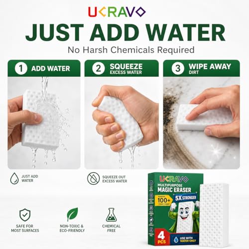 Image of UCRAVO Magic Eraser Sponge Pack of 4 | Multi-Surface Cleaning Sponge | No Scratch Cleaning Foam | Removes 100+ Tough Stains | Just Add Water Cleaner | Wall,Kitchen,Bathroom,Shoe,Switch Board Cleaner