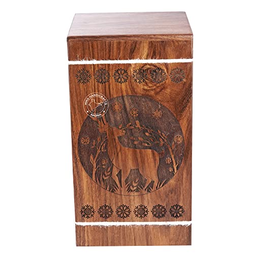 Image of Handcrafted Floral Engraved Wooden Urns for Human Ashes Adult Large - Buck Deer Cremation Urn for Ashes - Burial Urn for Columbarium - Funeral Urn Box (250 LB - Rosewood, Design-1)