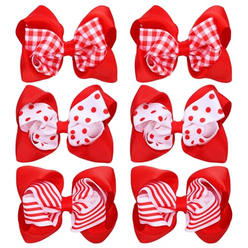 Image of Whaline 6 Pcs Red White Christmas Hair Bow Clips Red Plaid Stripe Dot Hair Barrettes Grosgrain Ribbon Alligator Clips for Girls Hairs Accessories Xmas Party, 3 Styles