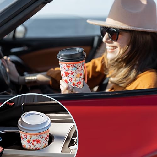 Image of KJQJLY 3 Pack Reusable Iced Coffee Sleeves for Iced Coffee Cups or Drinks Reusable Neoprene Insulated Sleeves for Hot and Cold Drinks from Starbucks, Dunkin, And More (Light orange floral)