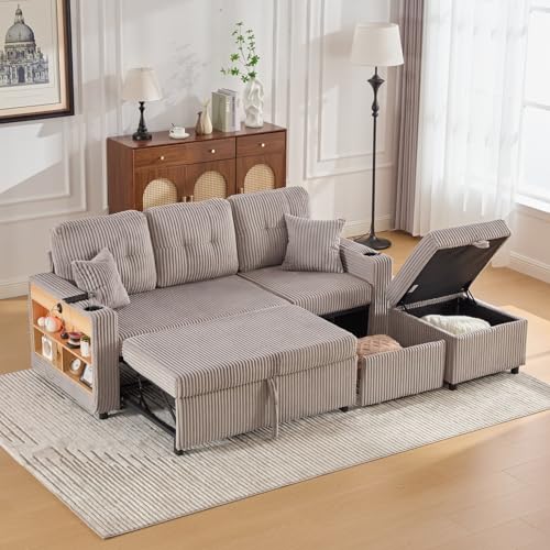 EURHCIO Canapé 3 Places Convertible en Velours Côtelé,Canapé d'angle Modulable,avec Espace de Rangement,Port USB Type-C,éclairage LED et...