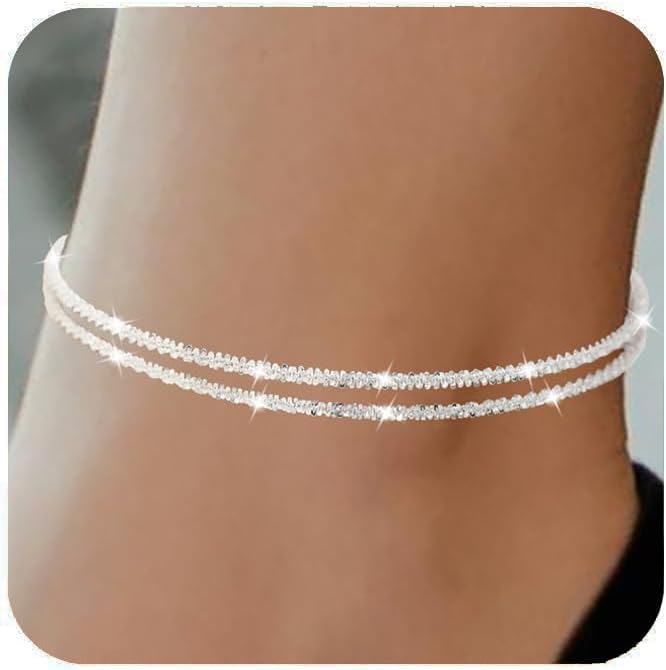 Nanafast Women's Ankle Bracelets, Sparkling Multi-layer Anklet Bracelets for Women, Adjustable Shiny Gold/Silver Anklets for Women, Beach Cute Anklets Jewelry for Summer