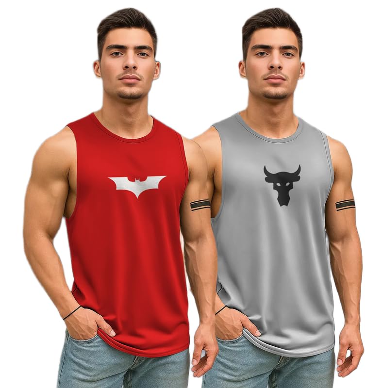Men Printed Sleeveless T-Shirt (RED Batman+Grey Bull_S)(Pack of 2)_PT-image-22