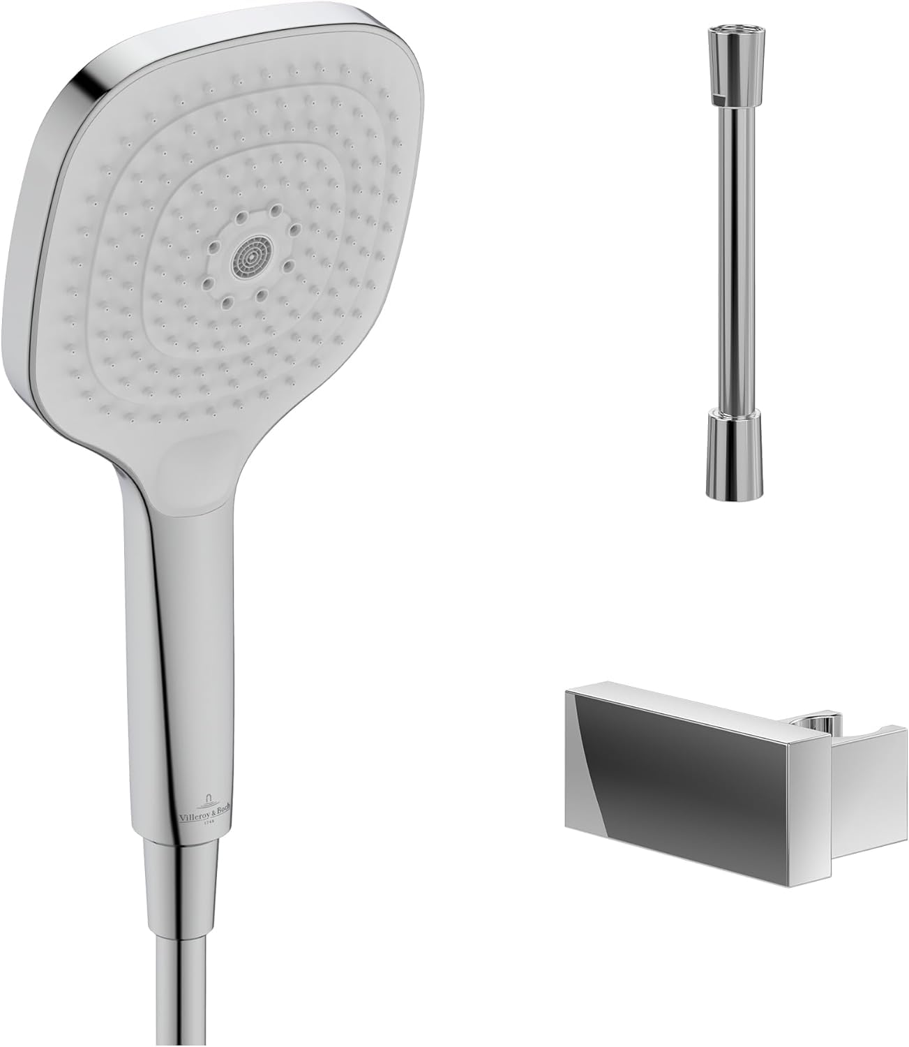 Pomme de douche trois jets Villeroy & Boch Elody avec support carré et flexible anti-torsion
