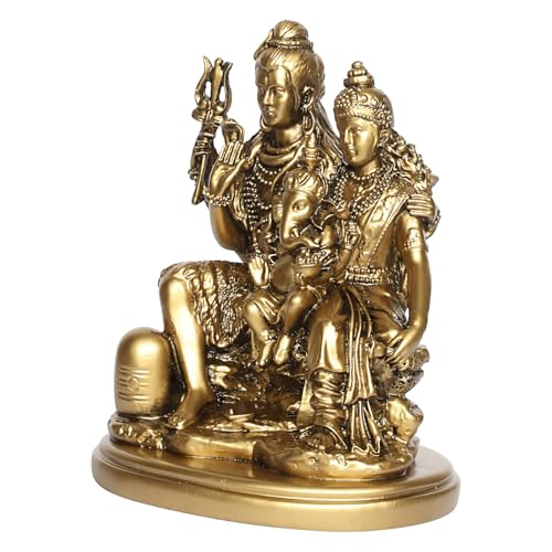 Image of ARTVARKO Lord Shiva Parvati and Ganesha Resin Murti Shiv Family Parivar with Shivling Idol Gold Color 6.5 Inch.