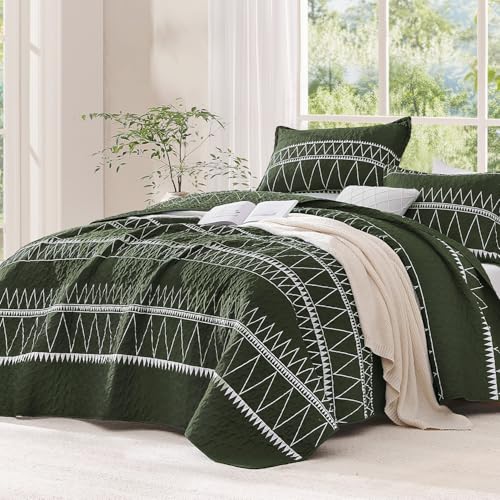 Image of Andency Green California King Quilt Set, 3 Pieces Boho Lightweight Soft Striped Cal King Bedspread for All Season (112 inchx104 inch), Printed Bohemian Polyester Reversible Coverlet Comforter Sets