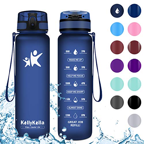 KollyKolla Sports Water Bottles 32oz,27oz,17oz,12oz,Reusable Plastic Water Bottle with Time Marker and Filter