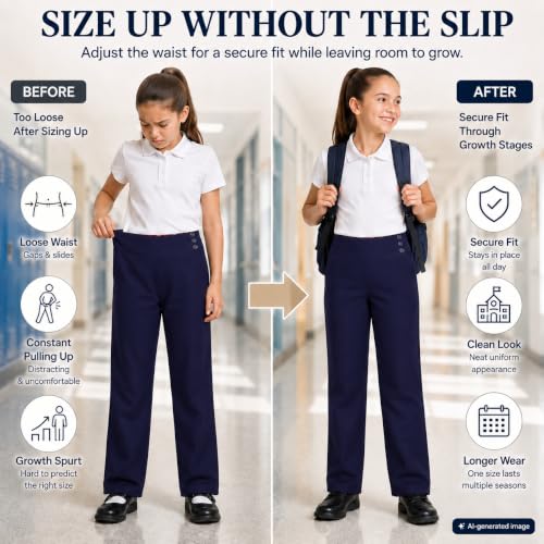 Image of Bienzoe Adjustable Waist Girls Pants: School Uniform Straight Leg | Growing kids Aged 3-13, Classroom, Campus Activities, Adjustable Fit Support, Private Academy Events, Soft Comfort, Easy Care