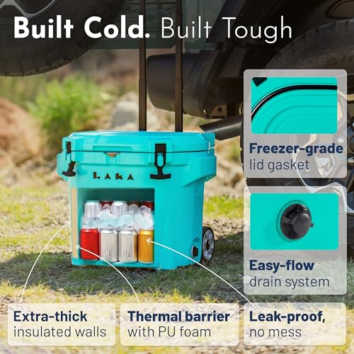 Image of Laka Cooler with Wheels - 30QT Rotomolded Insulated Rolling Hard Cooler, Telescoping Handle, Holds 24 Cans + Ice, Up to 7 Days Cold, Drain Plug, Cup Holders + Bottle Opener, Beach /Camping /Boat
