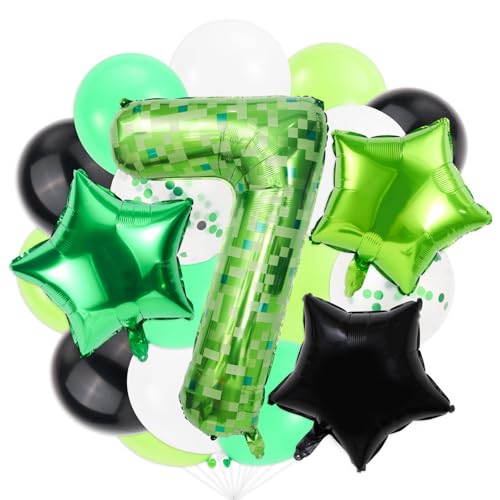 Set Globos Número 7 de Píxeles Verdes, 101cm Incluye Globo con el Número Estrella y Redondo Decoración Divertida para Fiestas Temáticas de Píxeles Ideal para Cumpleaños Infantiles y Adultos