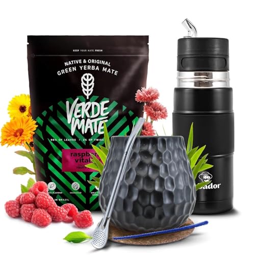Mate Tee Set Verde Mate Raspberry Vitality 500g - Yerbomos X 450ml Mate Becher 400ml Bombilla und Zubehör - Brasilien Mate Tee - Luftgetrocknet Staubarm - 5mm Grobe Blätter - Ideal für Einsteiger