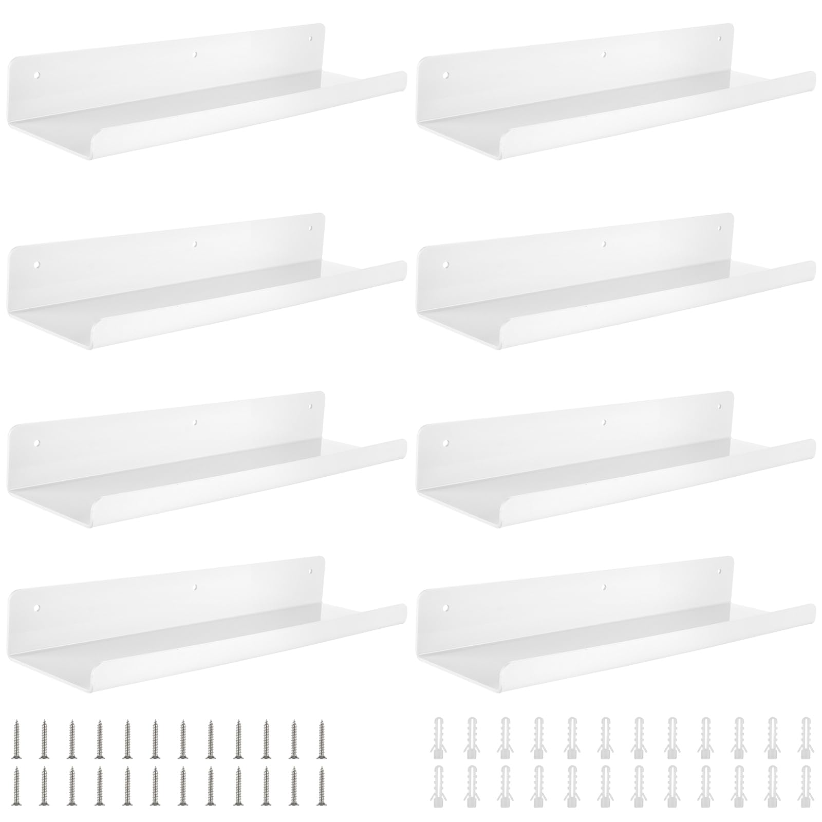 FWEEK Juego de 8 Estantes de Pared Blanco, 38cm Estante Acrílico Flotante, Estante Colgante Estantes de Pared Decorativos, Estante de Pared de Baño para Cocina, Baño, Oficina, Sala de Estar