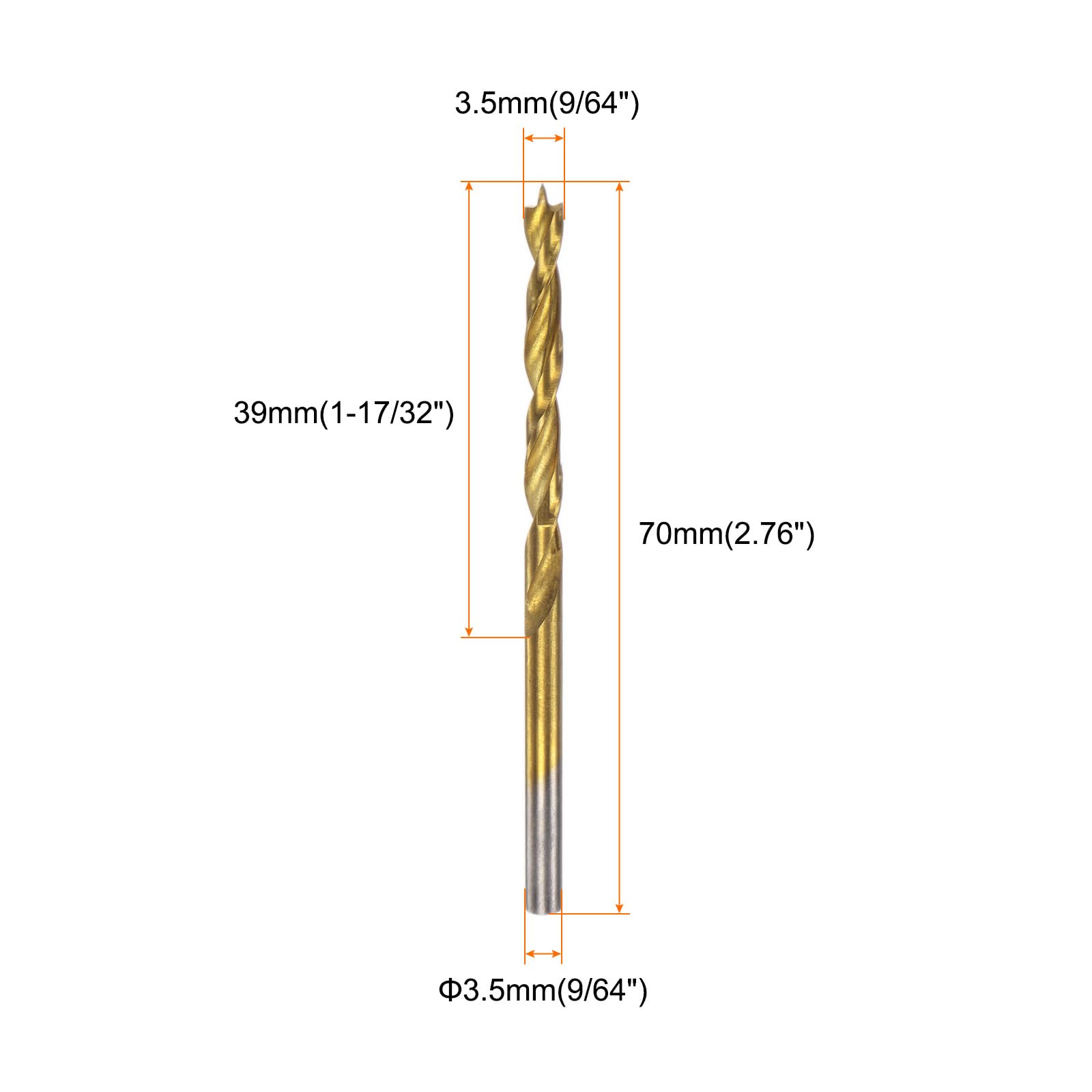QUARKZMAN 2pz Punte Trapano Brad Point 3.5mm(9/64") Dia Dritto Codolo Tondo Punta Trapano Metrica Brad Point Spirale Punta Elicoidale per Falegname Lavorazione Legno Gomma, Dorato