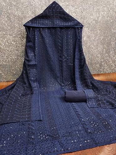 Image of Sidhidata Women's Faux Georgette Full Embroidery Lucknowi Chikankari Schiffli Work Unstitched Salwar Suit Dress Material With Embroidered Dupatta (DM Lucknowi Free Size)