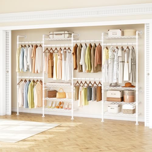H4 Wall Mounted Closet System, Expandable Industrial Pipe Clothes Rack Clothing Rack for Hanging Clothes, Heavy Duty Closet Organizers and Storage in Wardrobe Closet – White