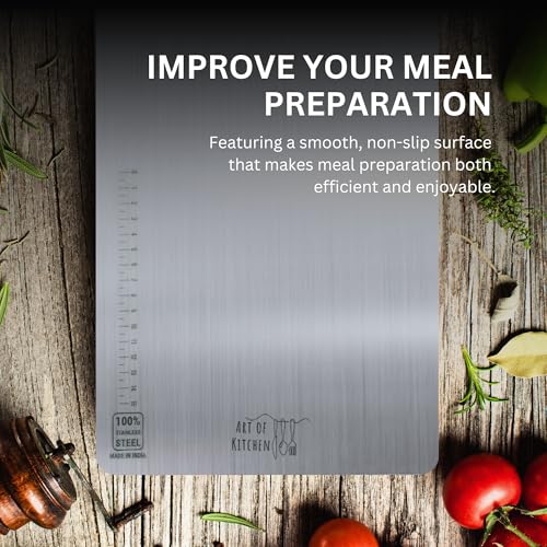 Image of Stainless Steel Chopping Board for Kitchen Large, Metal Chopping Board for Meats, Fruits and Vegetables, Non Slip Heavy Duty Steel Cutting Board, Dishwasher Safe, 36cm x 25cm
