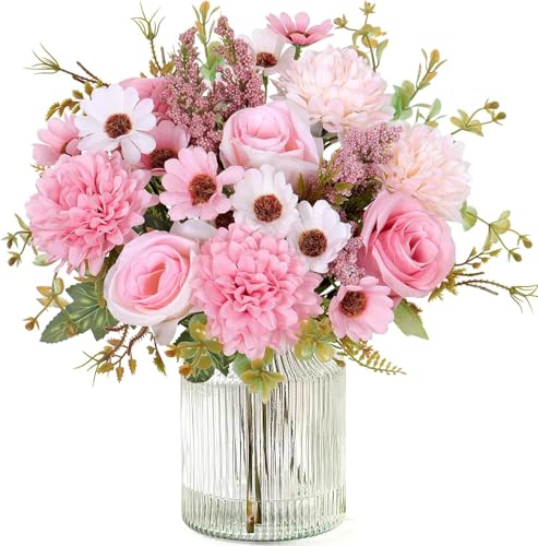 Image of Artificial Flower Bouquet for Home Decoration - 2 Pcs Faux Rose & Daisy Bouquet (Without Pot) Artificial Flowers for Living Room, Bedroom, Office, Vase Decoration (Pink)