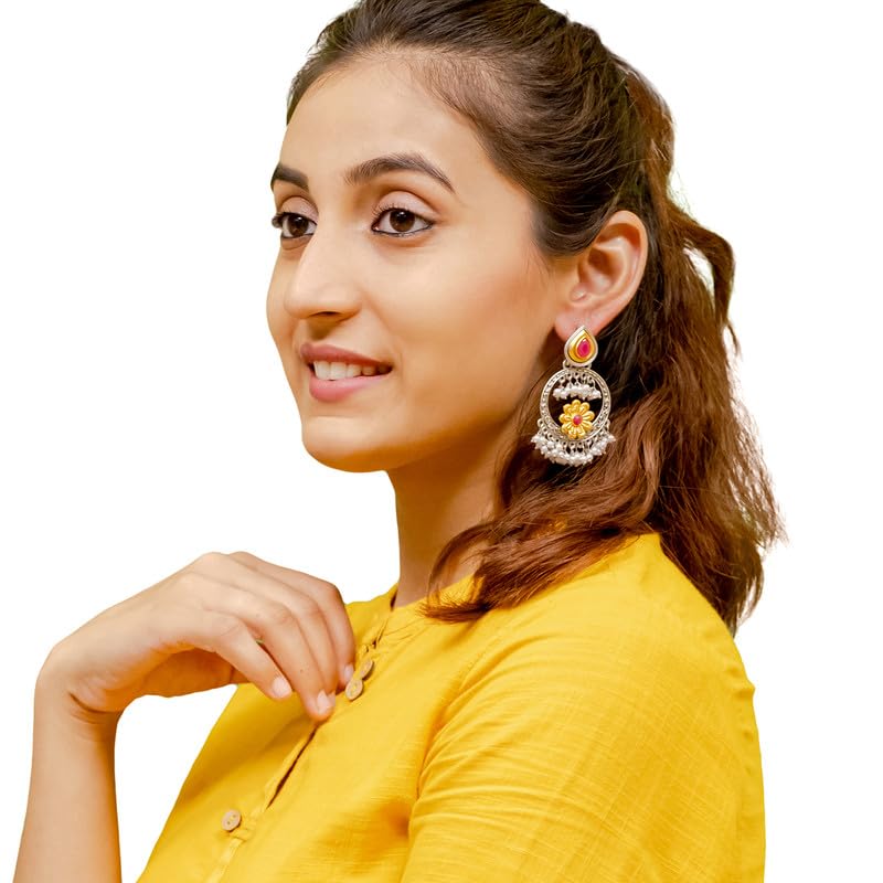 Shining Jewel Traditional Indian Matte Gold Antique Oxidised Silver CZ, Crystal Studded Chandbali Earring For Women - Turquoise (SJE_211_AQ) - Image 3