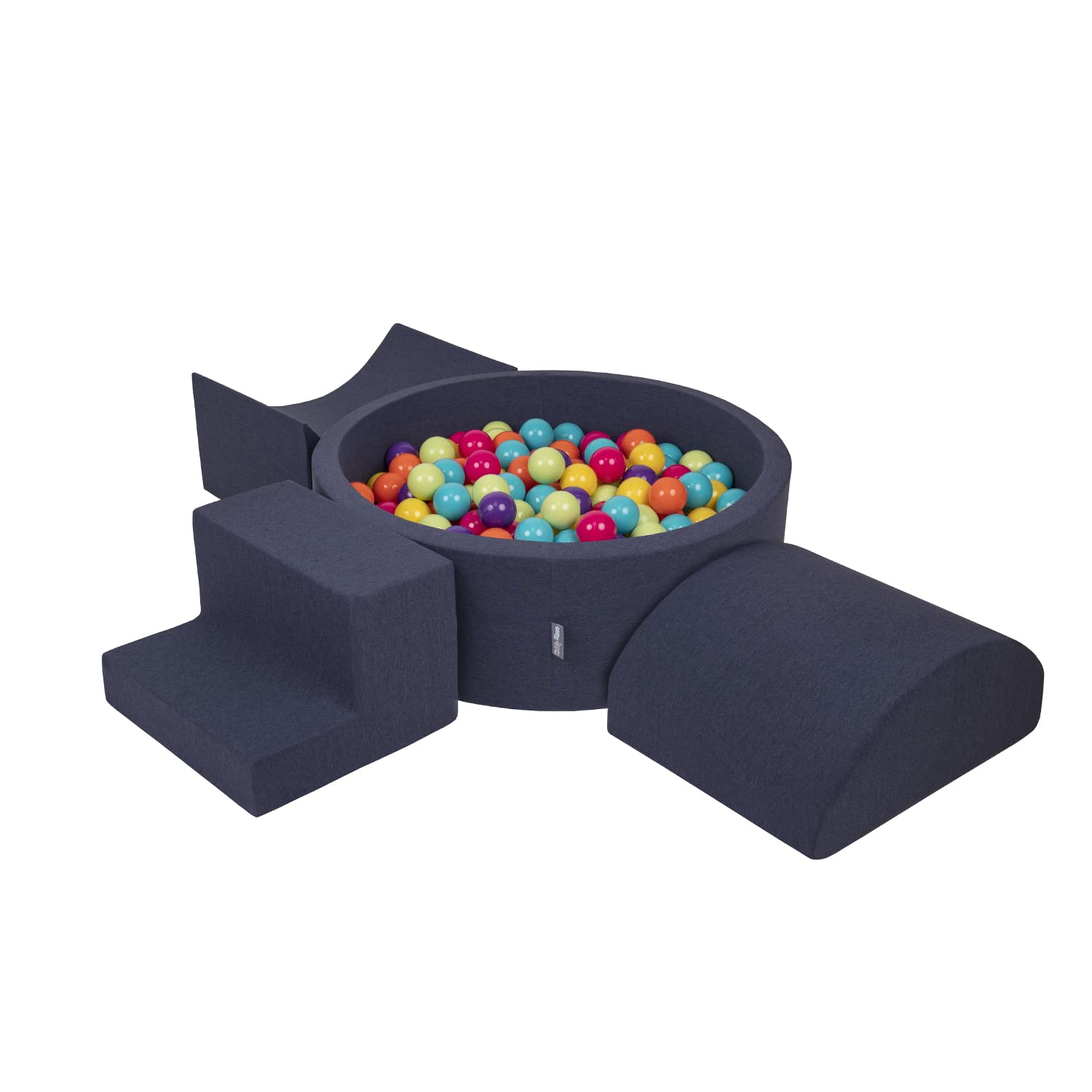 KiddyMoon Foam Playground For Kids With Round Ballpit (300 Balls ∅ 7Cm/2.75In) Soft Obstacles Course And Ball Pool, Made In The EU, Darkblue:Lgreen/Yellow/Turquoi/Orange/Dpink/Purple